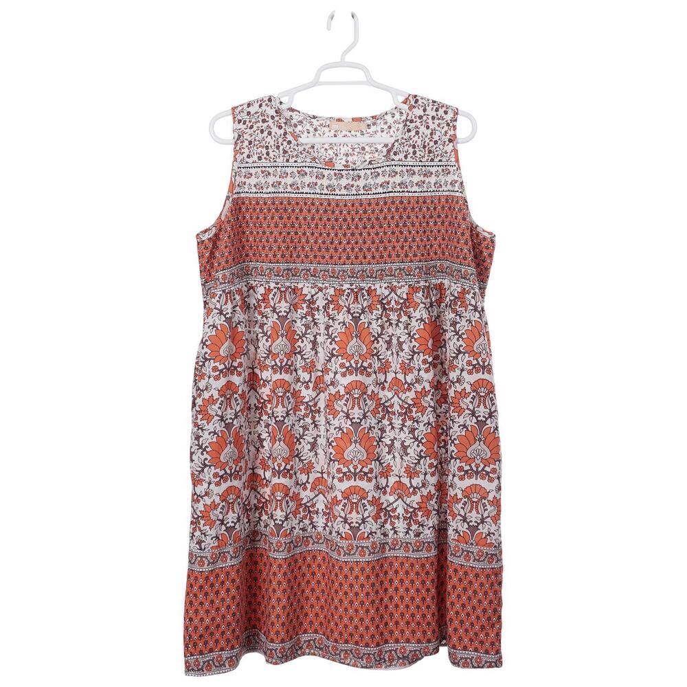 LA CERA Dress 3X Orange Floral Cotton Sleeveless Shift Pockets Casual India